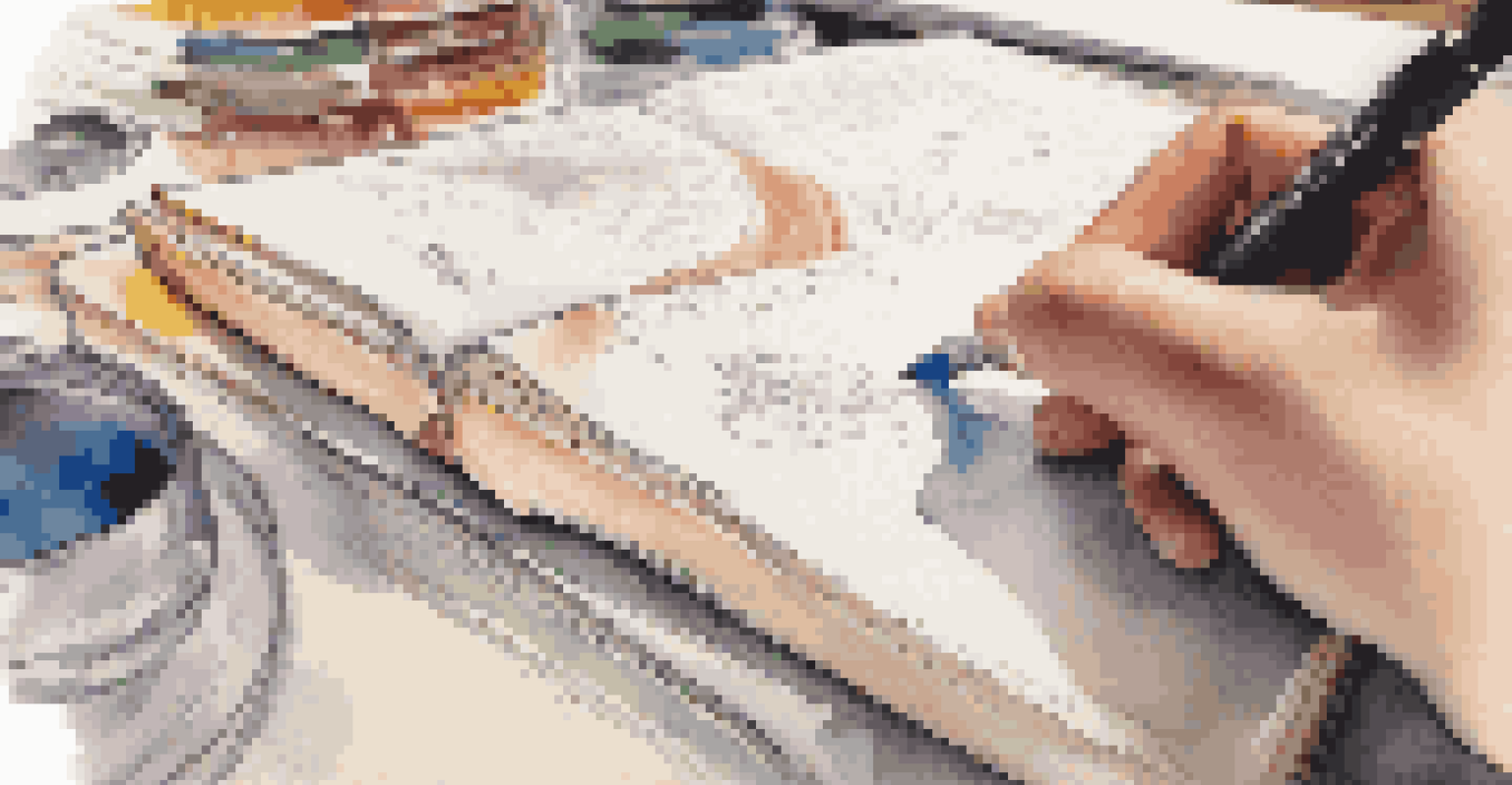 A close-up of a student's hands writing in a reflective journal, with cultural artifacts in the background.