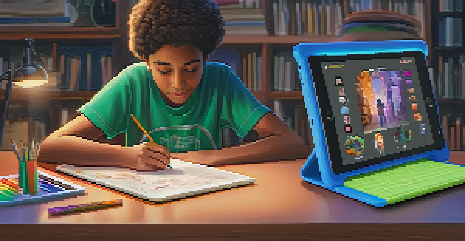 A student designing an interactive AR character profile on a tablet, surrounded by books and art supplies in a cozy study area.