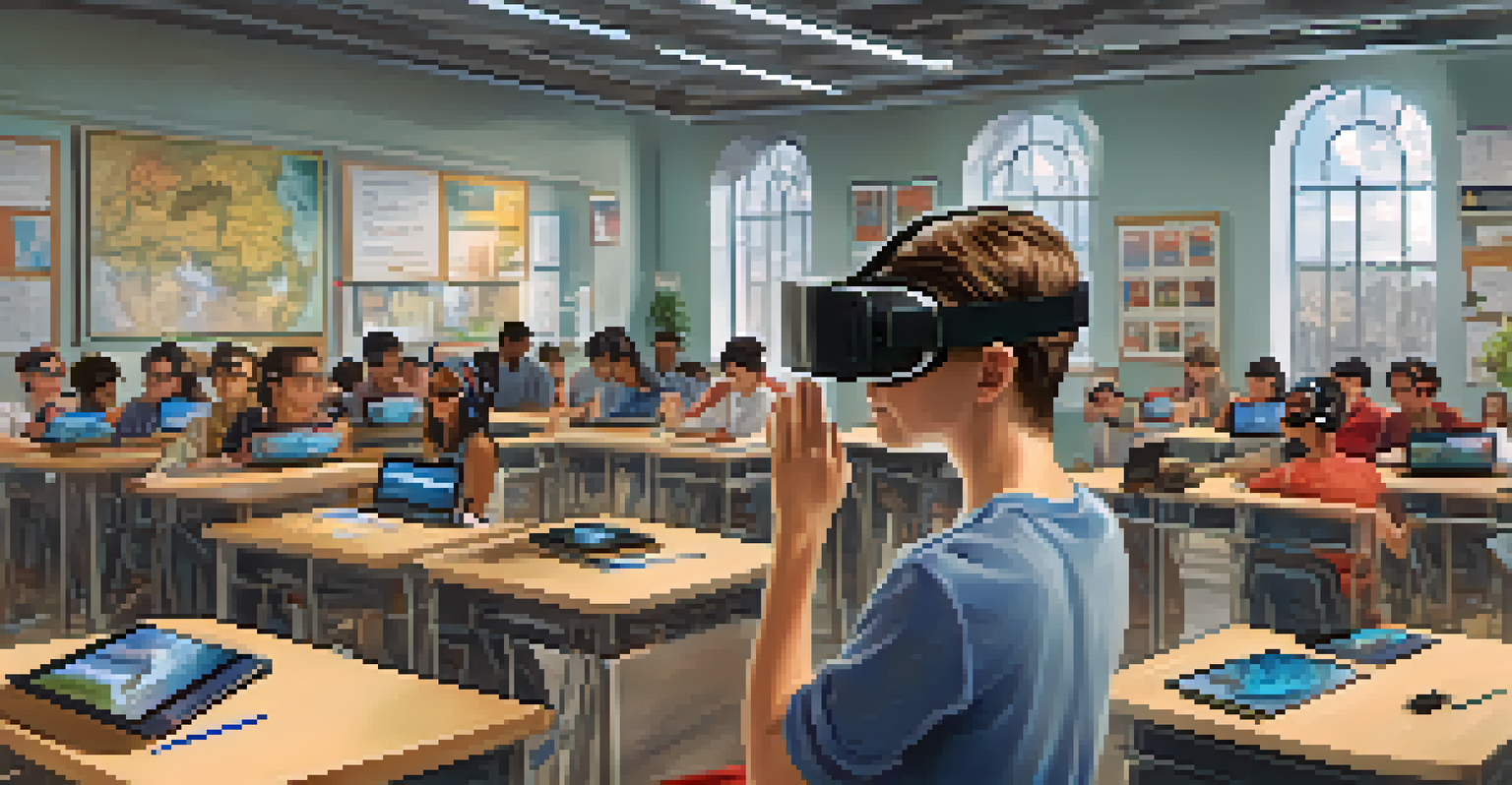 A student wearing a VR headset in a classroom, exploring digital cultural landmarks while other students use laptops.