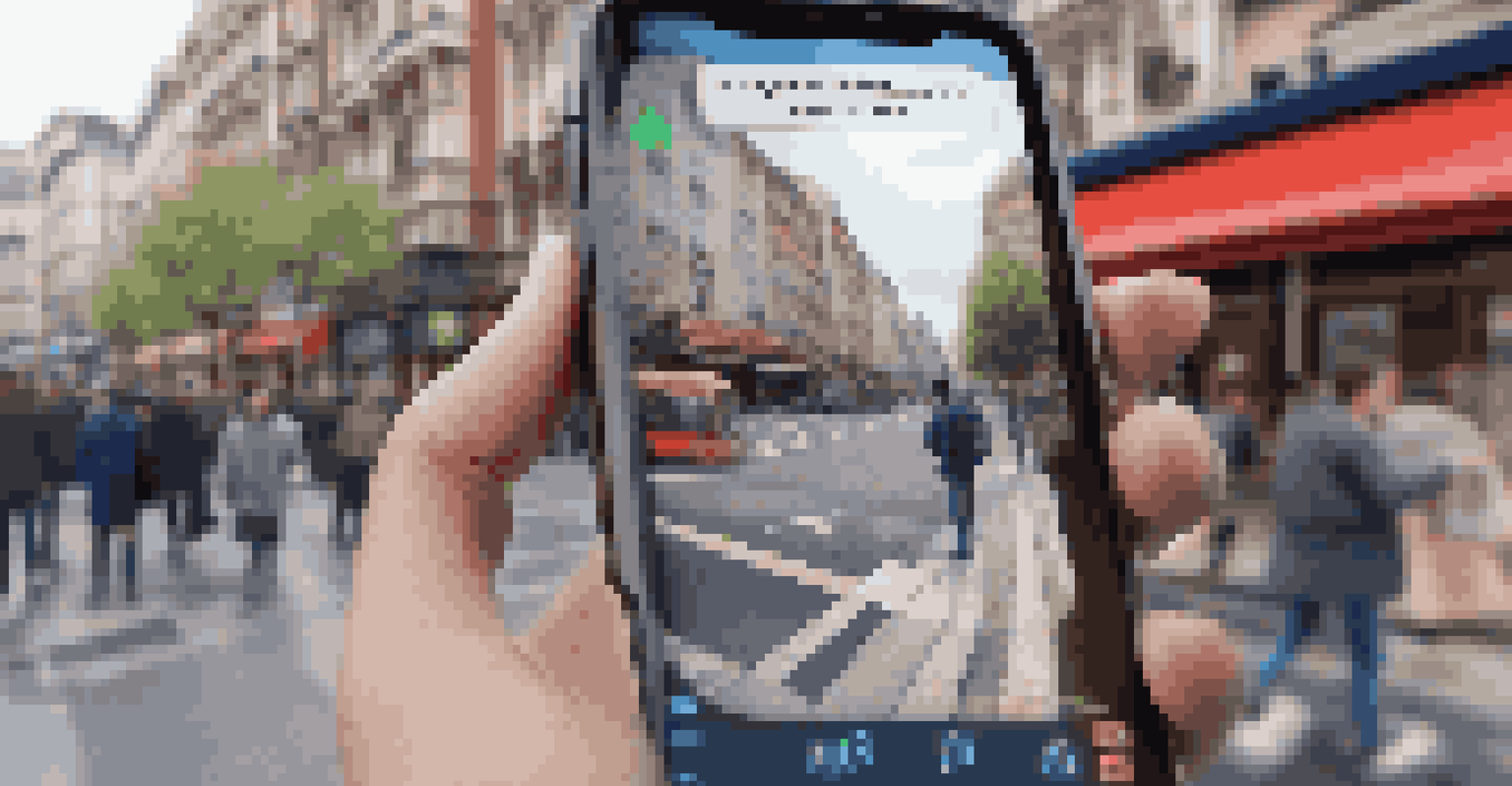 A smartphone screen showing an augmented reality translation app in action, translating text with a 3D model of the object, set against a busy street backdrop.