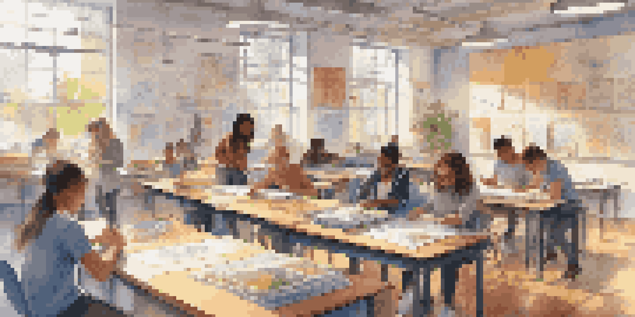 A lively classroom filled with diverse students working together on a project, surrounded by books and technology, with sunlight pouring in through the windows.