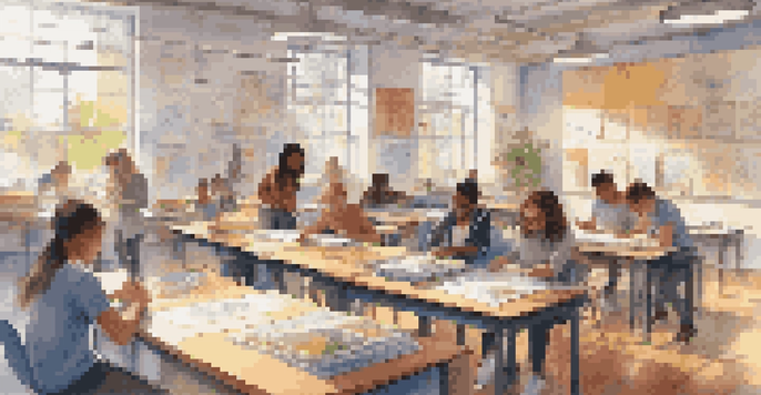 A lively classroom filled with diverse students working together on a project, surrounded by books and technology, with sunlight pouring in through the windows.