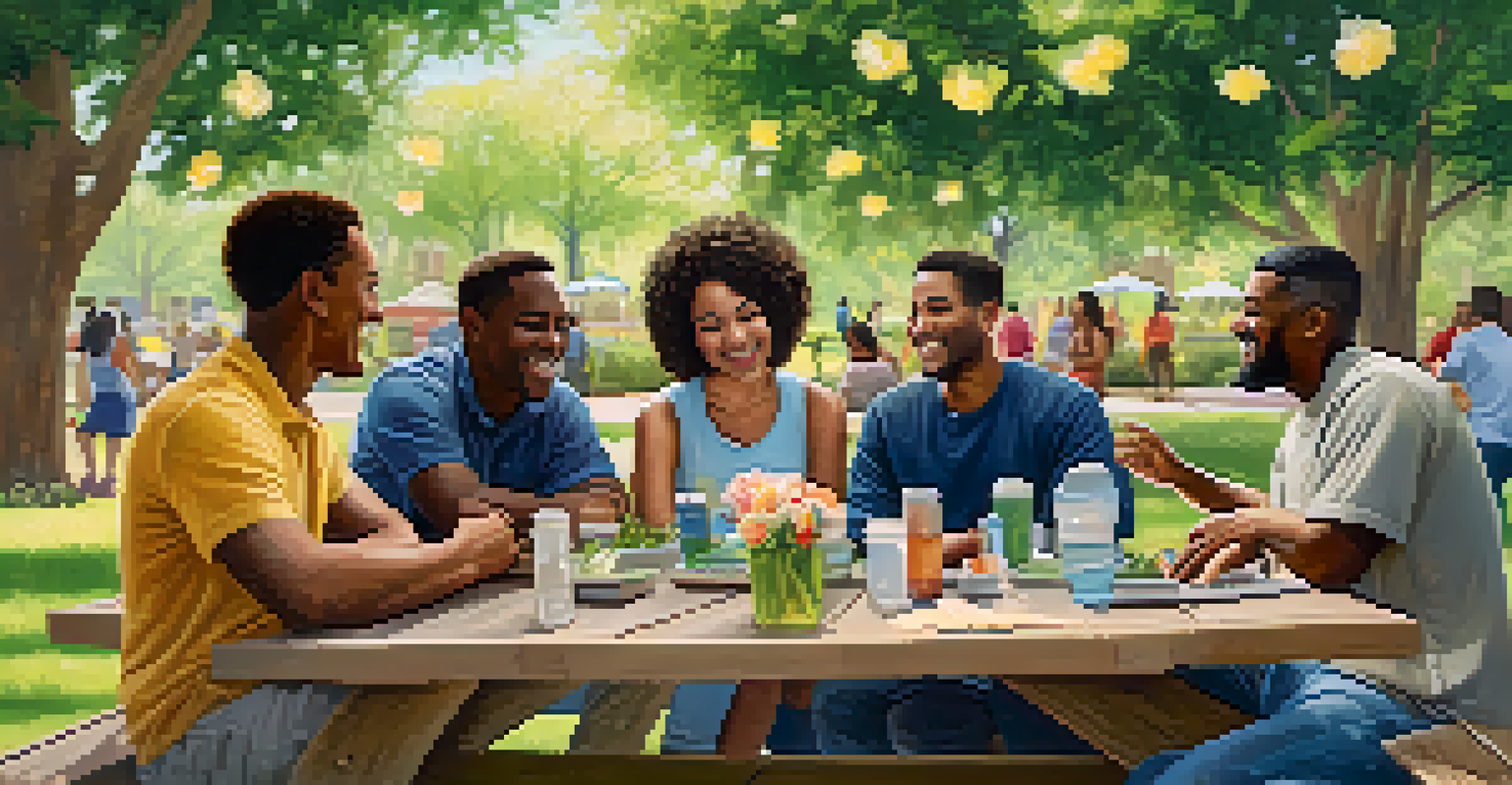 A diverse team from a nonprofit organization collaborating in a multicultural park, sitting around a picnic table and sharing ideas amidst blooming nature.