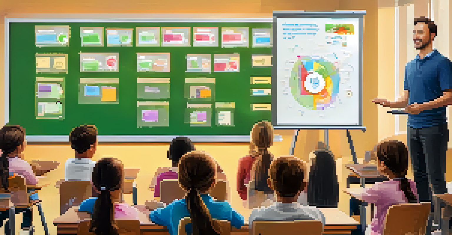 An educator explaining concepts in a modern classroom with students, using AI-generated visual aids on a smart whiteboard.