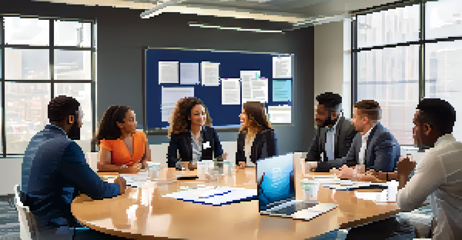 A diverse group of mentees actively participating in a group mentoring session with a mentor in a modern conference room.