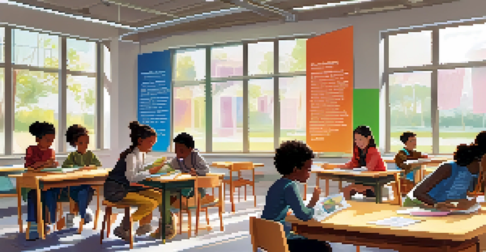 A bright classroom filled with diverse students working together on a project, showcasing teamwork and focus.