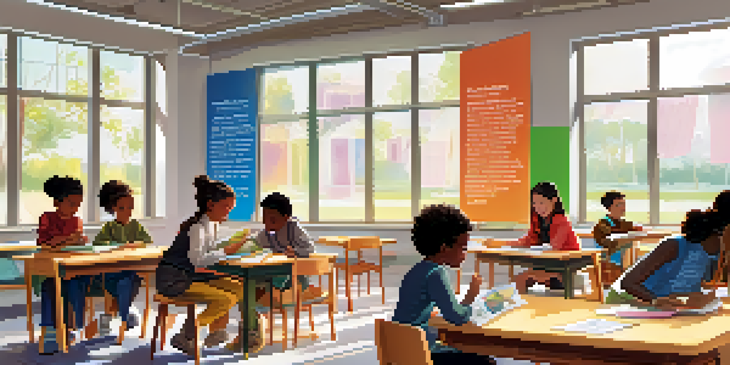 A bright classroom filled with diverse students working together on a project, showcasing teamwork and focus.