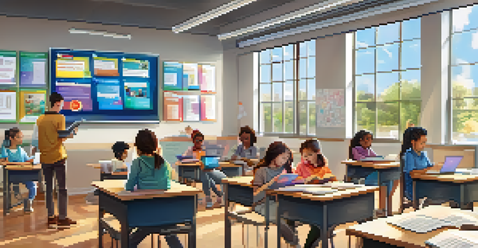 A vibrant classroom where students are using tablets and laptops for learning, while a teacher interacts with them.