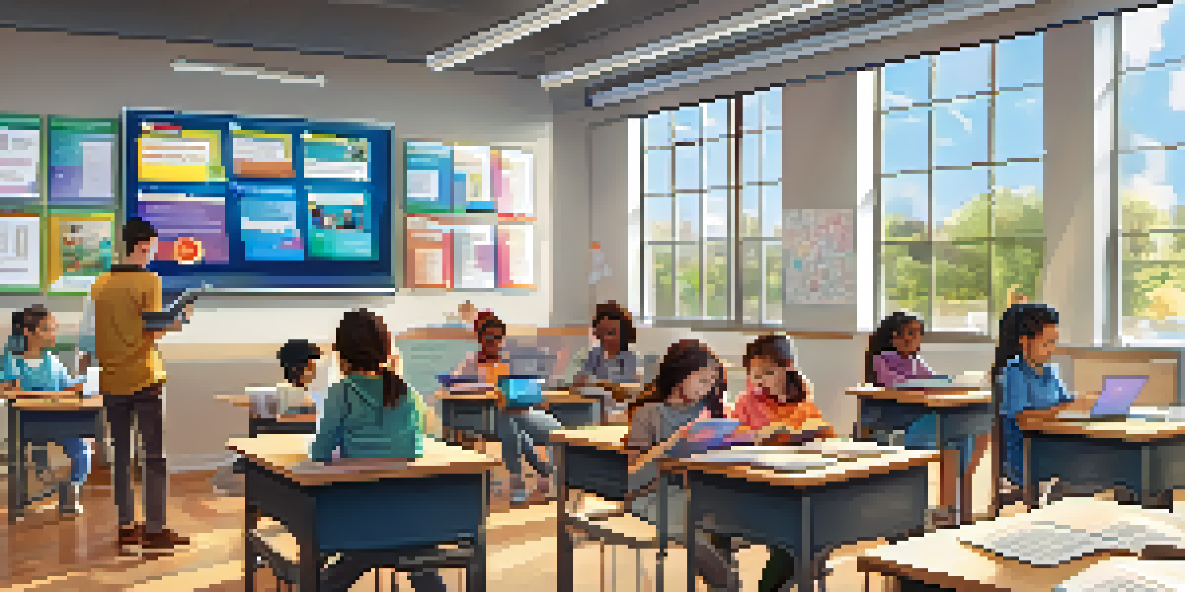 A vibrant classroom where students are using tablets and laptops for learning, while a teacher interacts with them.