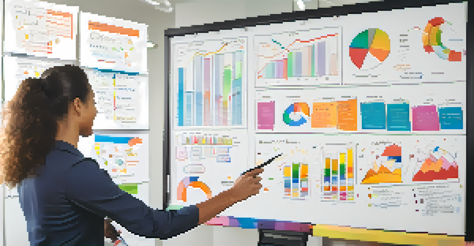 A young adult pointing at financial goals on a whiteboard in an office setting.
