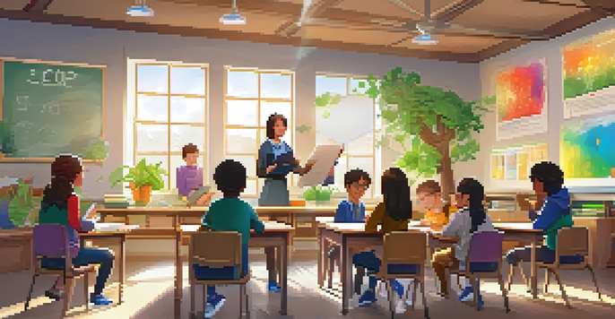 A bright classroom with a teacher and students interacting around a round table, with sunlight streaming in and educational materials visible.