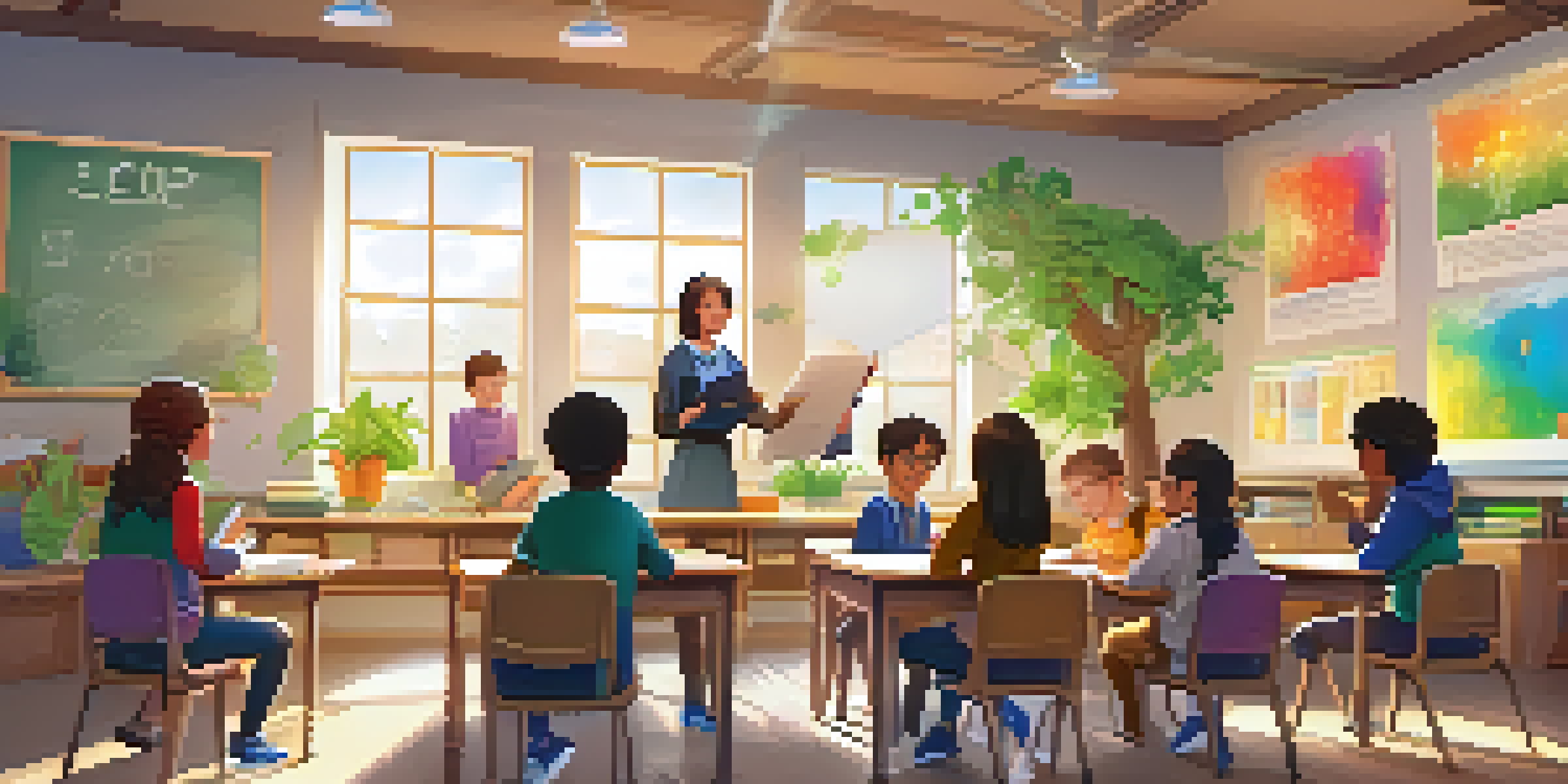 A bright classroom with a teacher and students interacting around a round table, with sunlight streaming in and educational materials visible.
