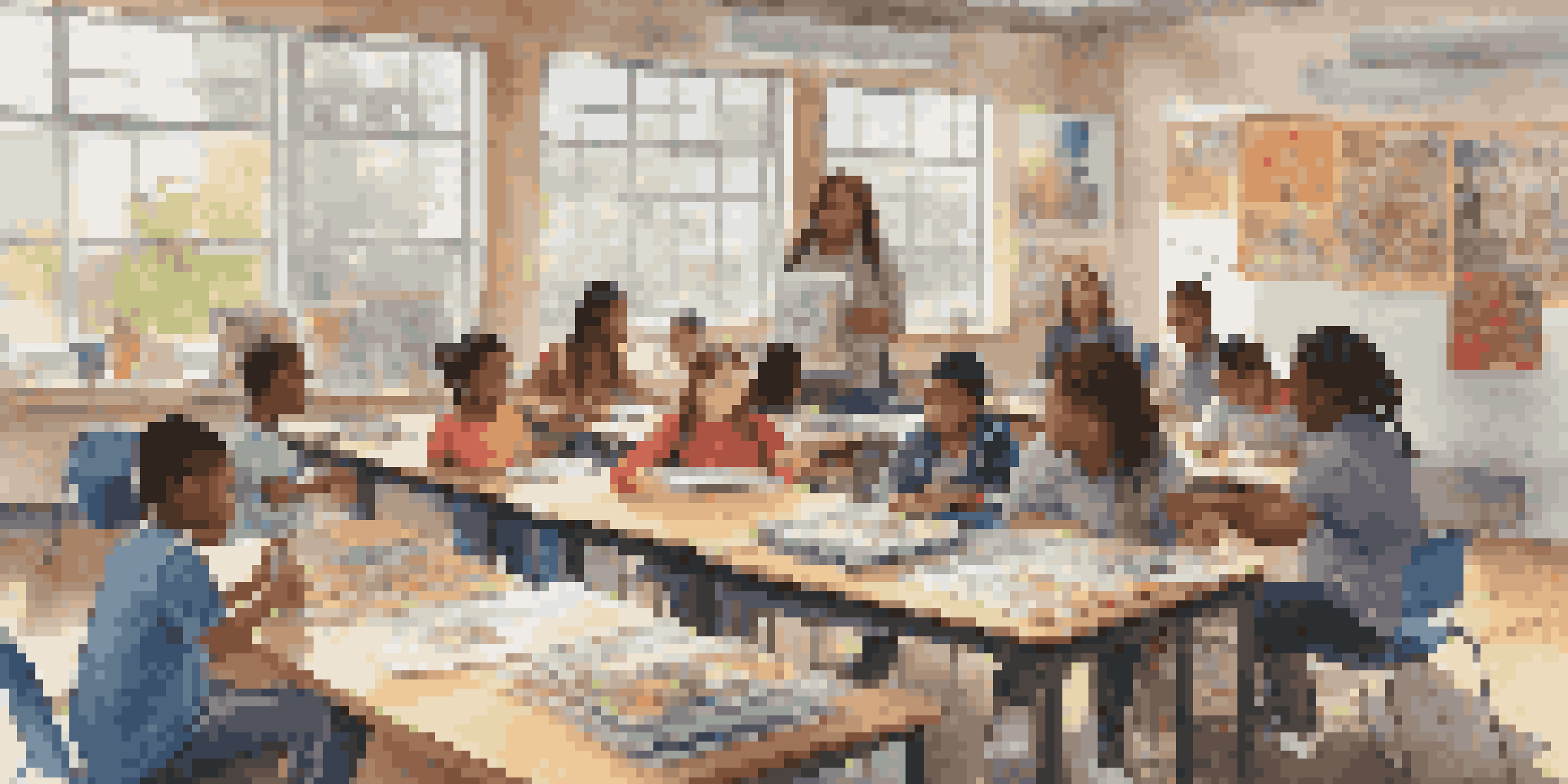 A diverse group of students working together at a table filled with art supplies in a bright classroom, showcasing a collaborative learning environment.