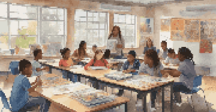 A diverse group of students working together at a table filled with art supplies in a bright classroom, showcasing a collaborative learning environment.