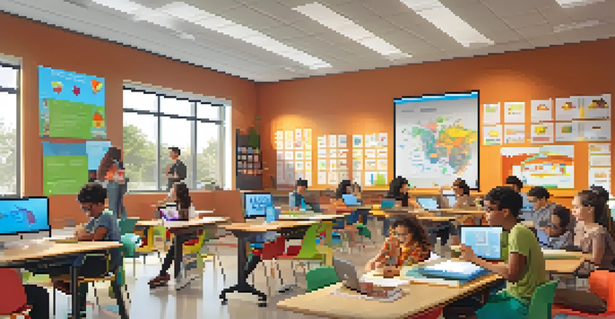 A vibrant classroom with students using tablets and laptops for personalized learning, and a teacher assisting them.