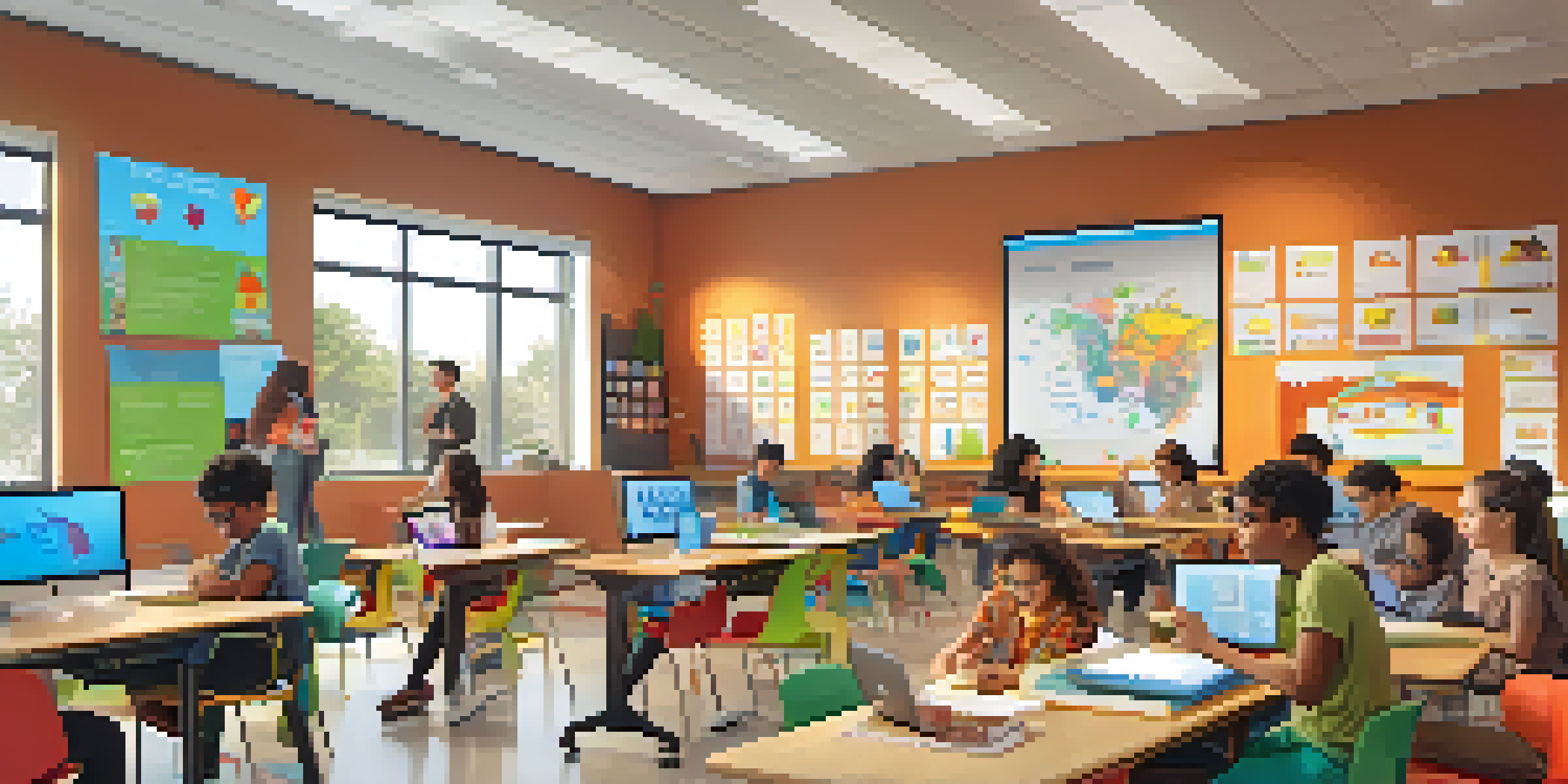 A vibrant classroom with students using tablets and laptops for personalized learning, and a teacher assisting them.