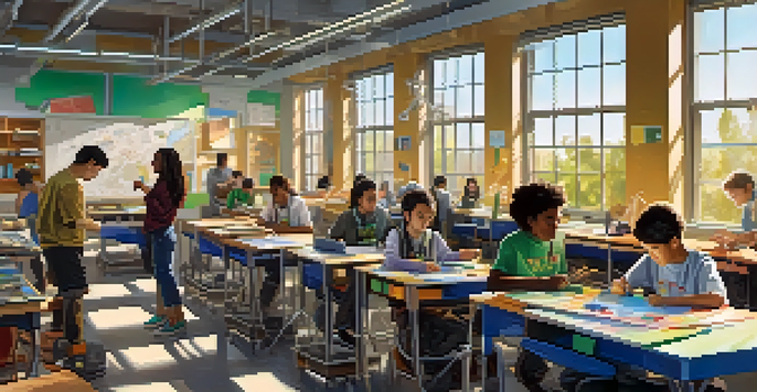 A classroom filled with diverse students collaborating on a robotics project, surrounded by tools and materials, with sunlight streaming in.