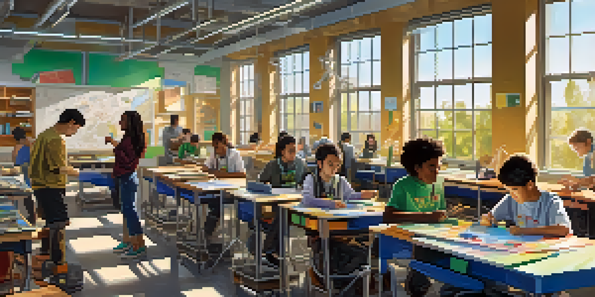 A classroom filled with diverse students collaborating on a robotics project, surrounded by tools and materials, with sunlight streaming in.
