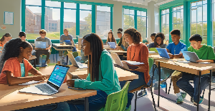 A diverse group of students using various assistive technologies in a bright classroom, displaying focus and engagement.