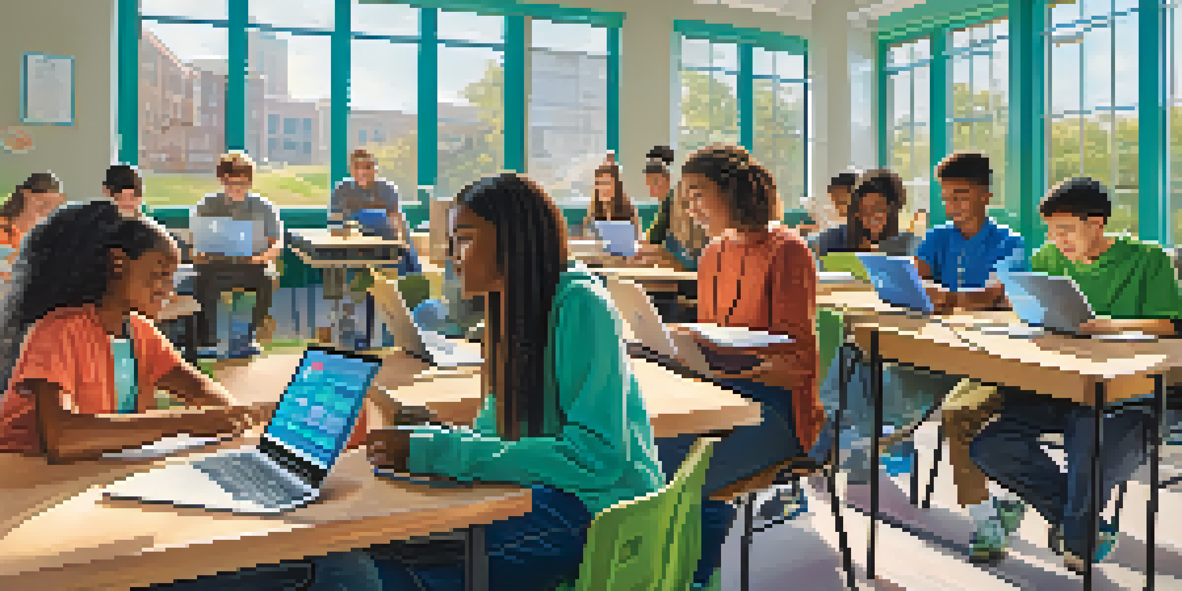 A diverse group of students using various assistive technologies in a bright classroom, displaying focus and engagement.