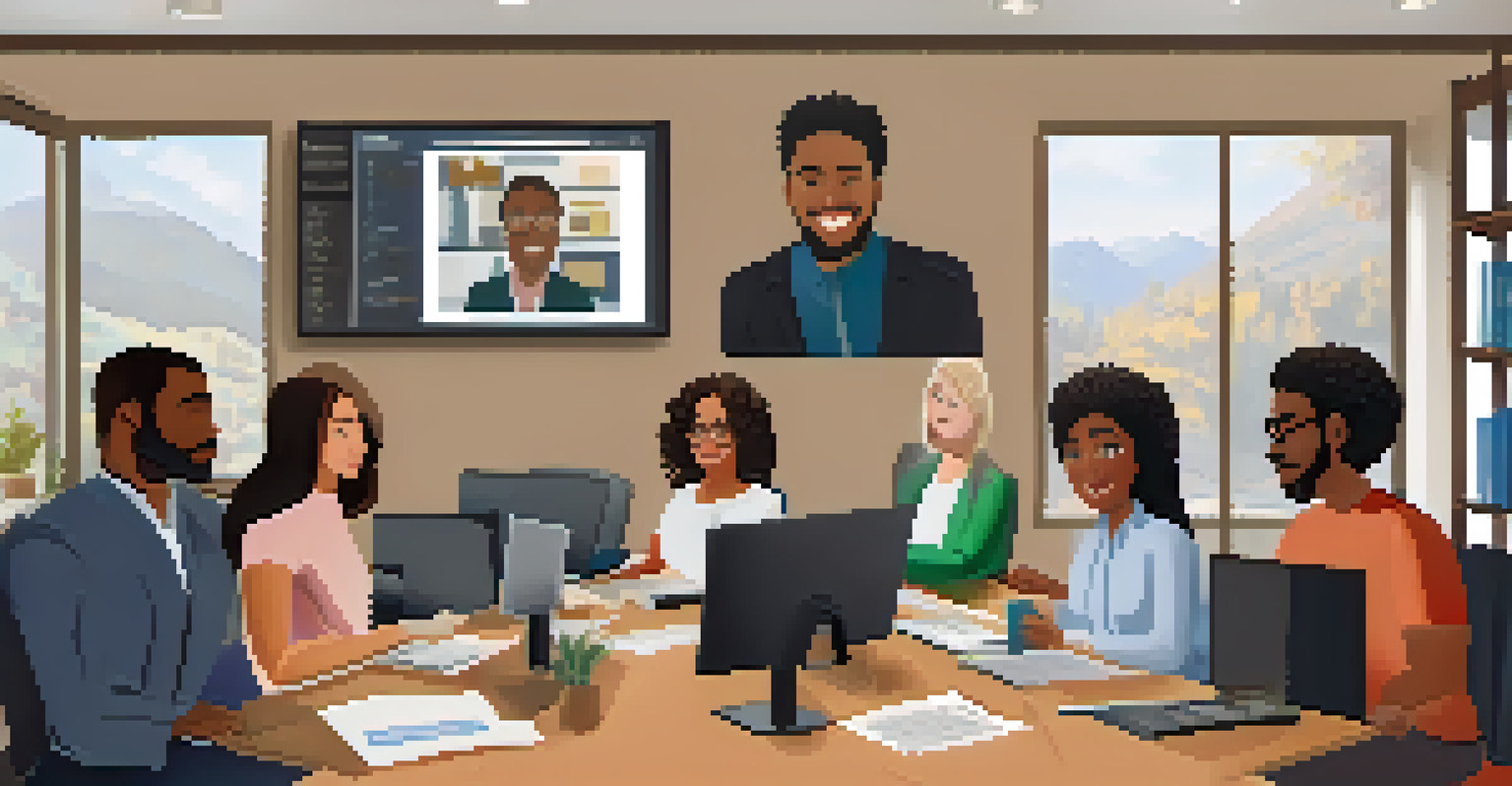 A diverse group of professionals participating in a virtual meeting about micro-credentials, displayed on their computer screens in a cozy home office.