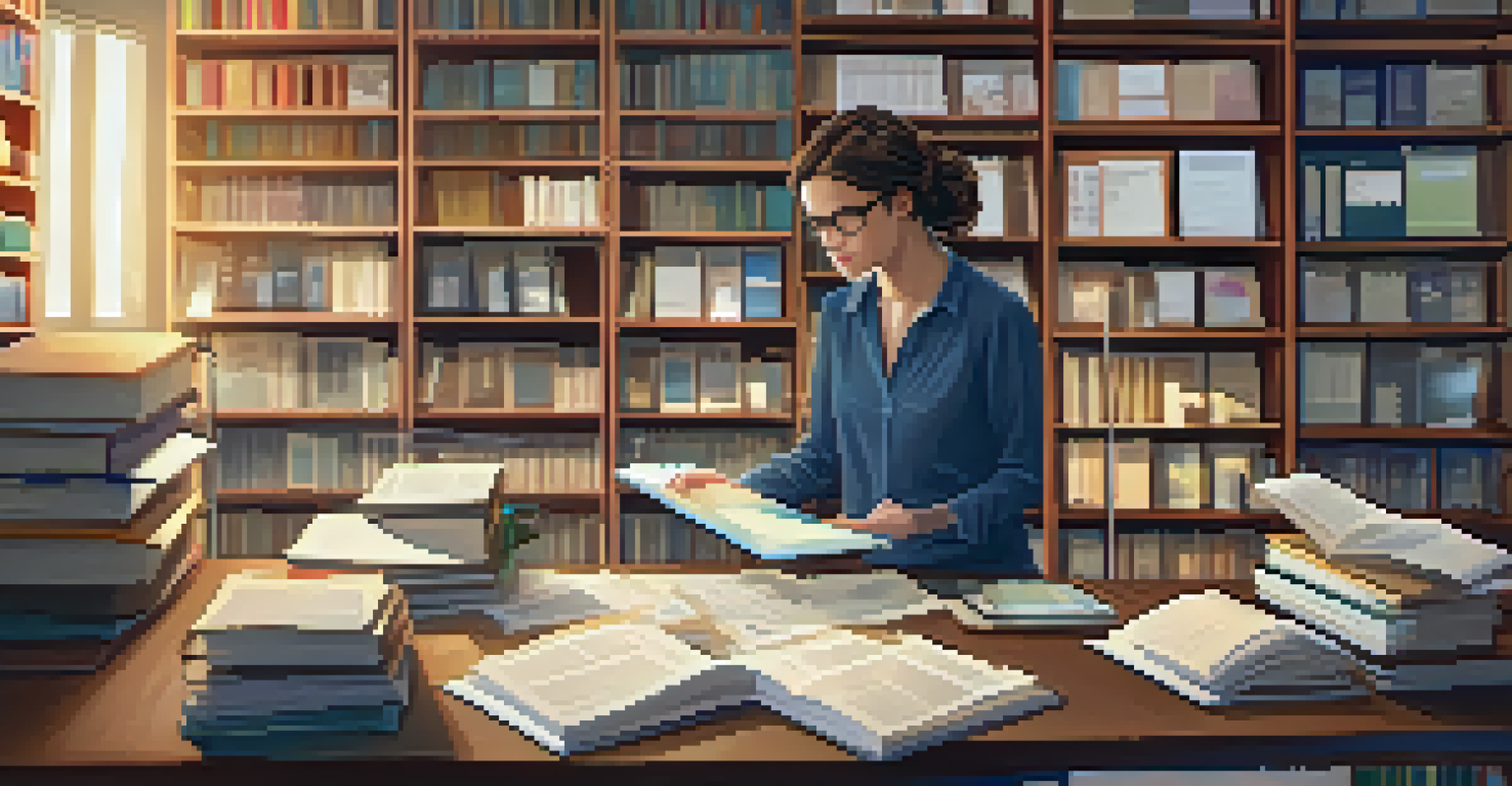 An educator in an office reviewing research data with papers and books around them.