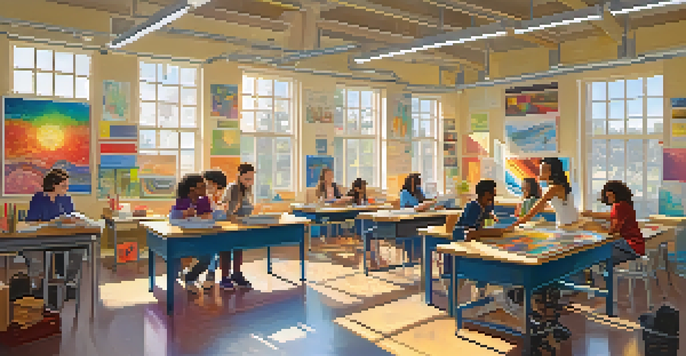 A diverse group of students working together in a bright classroom, engaged in a collaborative interdisciplinary project, with colorful educational materials around them.