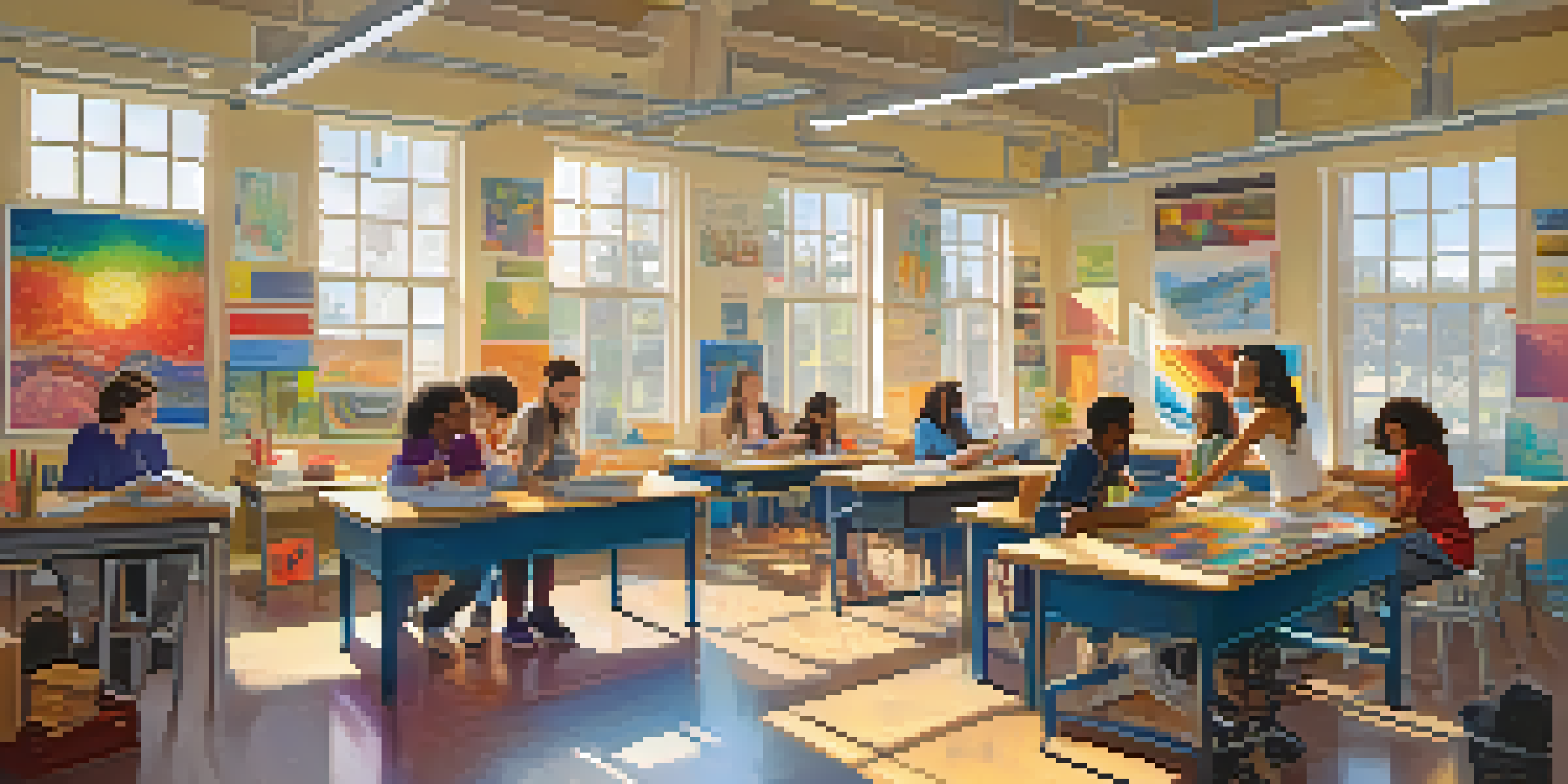 A diverse group of students working together in a bright classroom, engaged in a collaborative interdisciplinary project, with colorful educational materials around them.