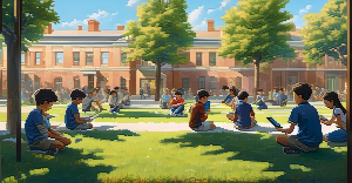 Students in a schoolyard flying drones, with clear blue skies and trees in the background.