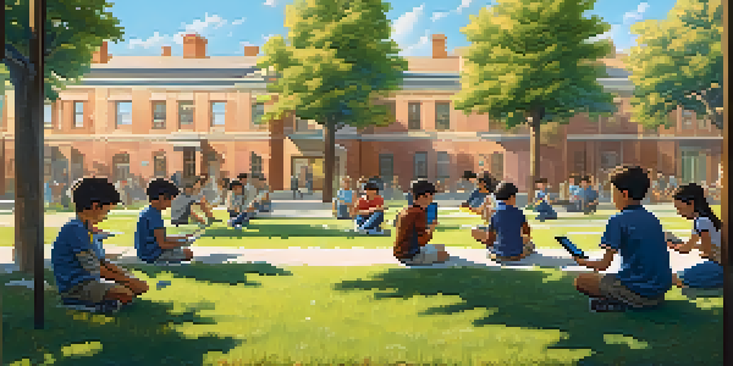 Students in a schoolyard flying drones, with clear blue skies and trees in the background.