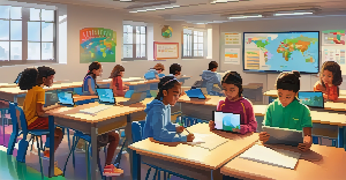 A classroom with students using tablets for digital assessments, showing engagement and focus.