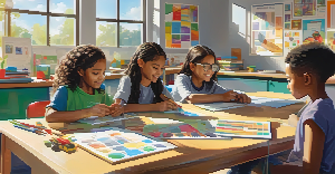 A diverse group of students working together in a bright classroom on a STEM project, with materials spread out on the table and sunlight streaming in.