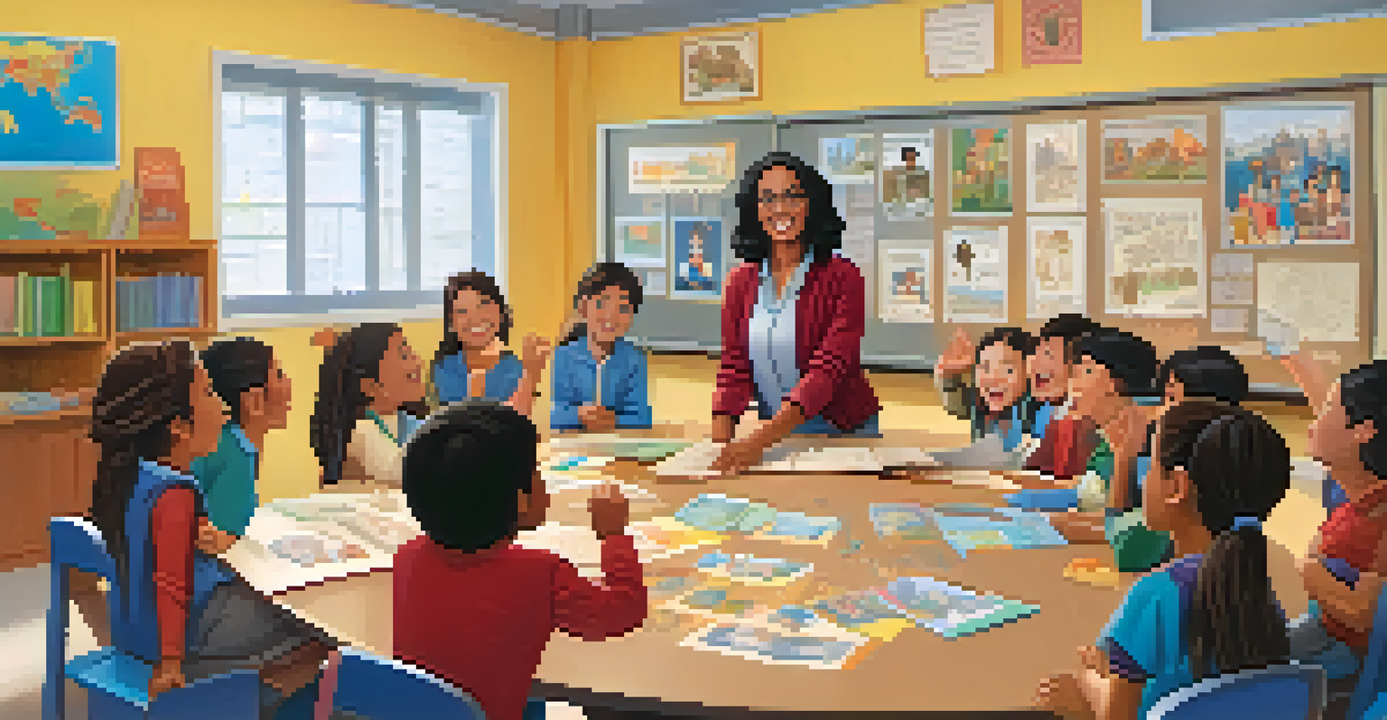 A teacher and students discussing a multicultural storybook at a round table, with cultural artifacts decorating the room.