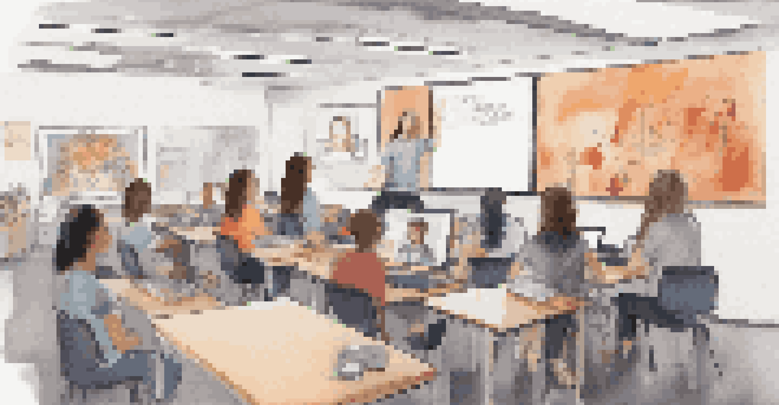 Students engaged in an online discussion, watching a video tutorial on a computer screen in a modern learning environment.