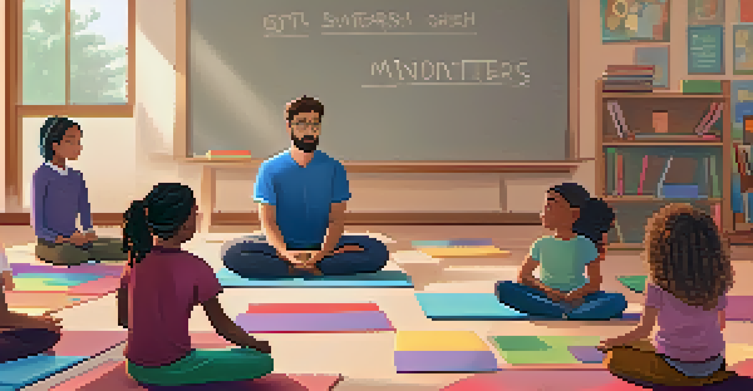 A teacher leading a mindfulness exercise with students, promoting calmness and focus in a cozy classroom environment.