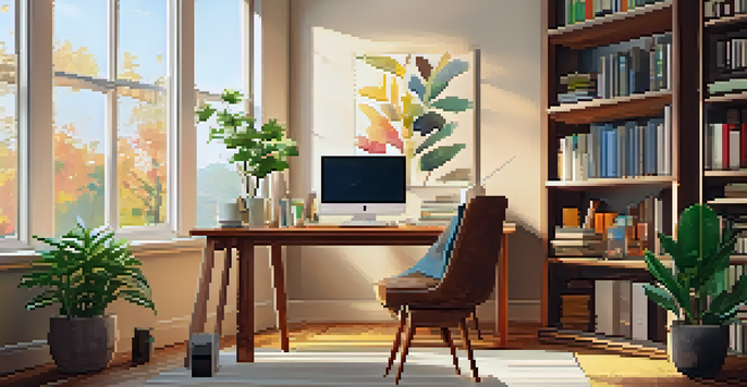 A home office with a desk, laptop, colorful stationery, and a plant, illuminated by natural sunlight, with a bookshelf in the background.