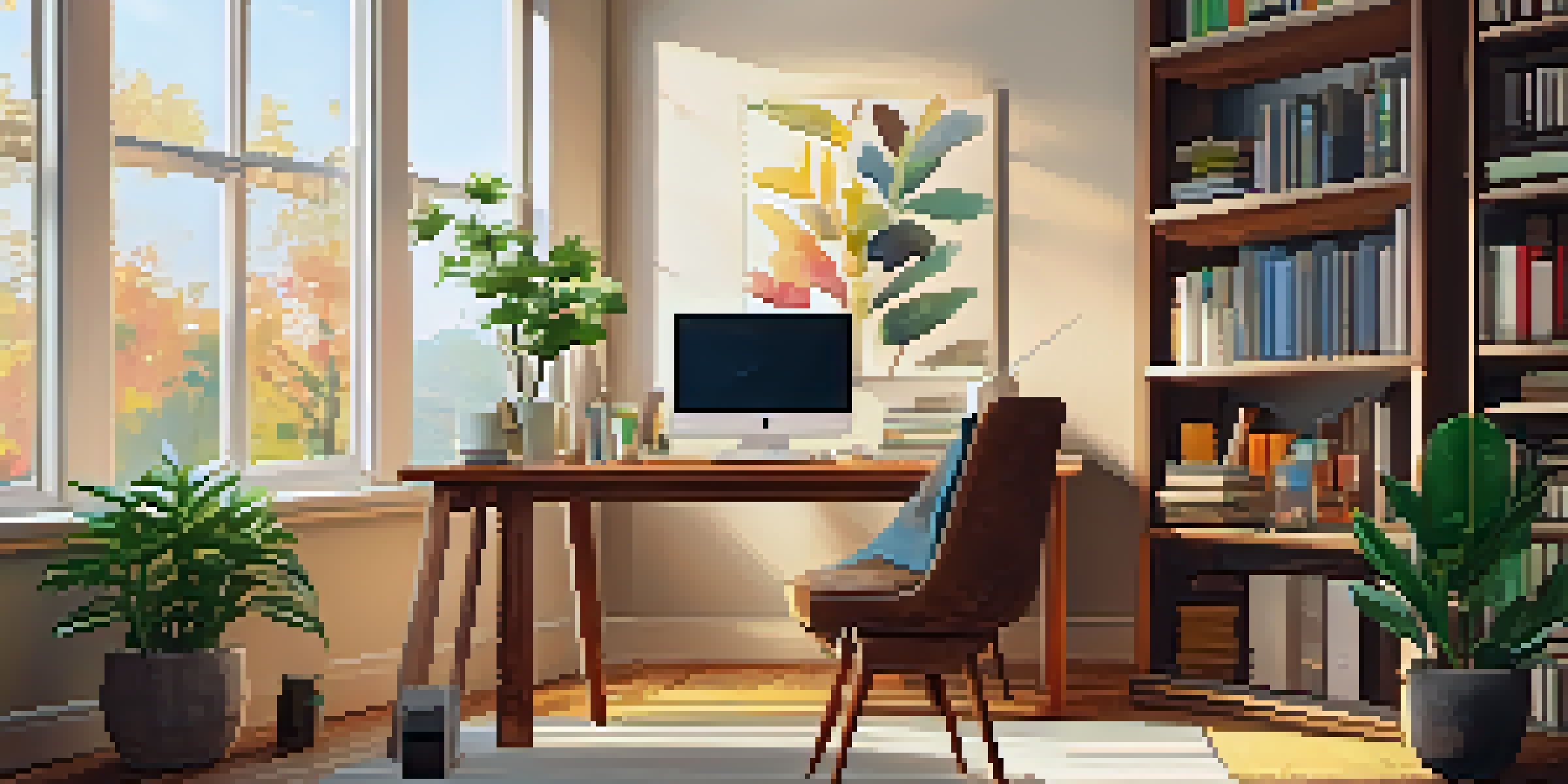 A home office with a desk, laptop, colorful stationery, and a plant, illuminated by natural sunlight, with a bookshelf in the background.