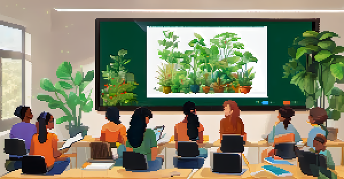 A virtual classroom scene with students on a video call, focusing on a teacher's presentation about photosynthesis, featuring colorful slides and engaged expressions.