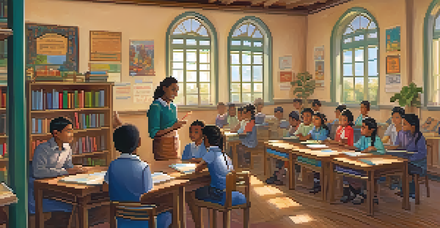 A teacher and students engaging around multicultural books in a cozy classroom filled with cultural artifacts.