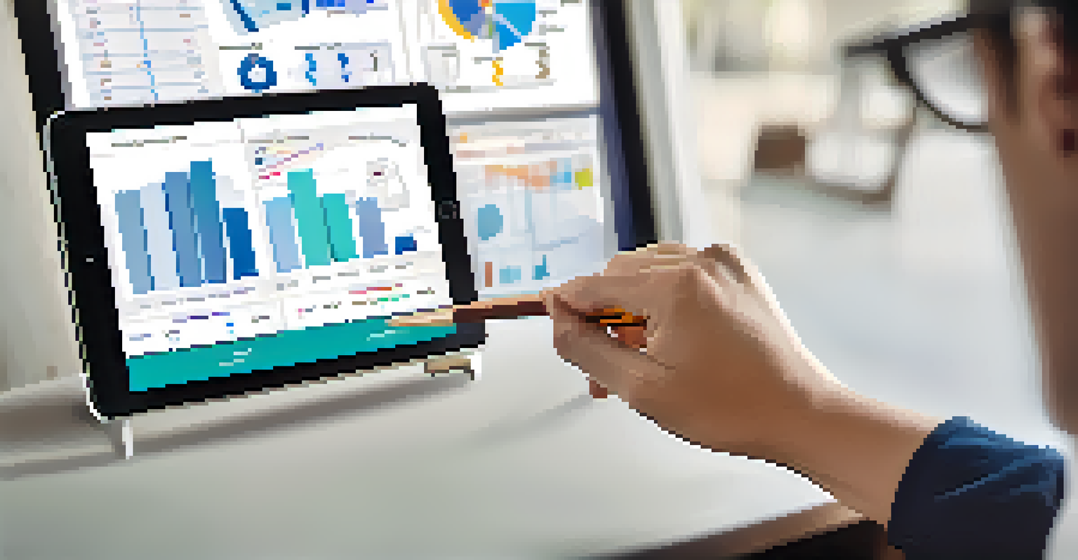 A close-up of a hand using a tablet displaying analytics for digital assessments in a classroom.