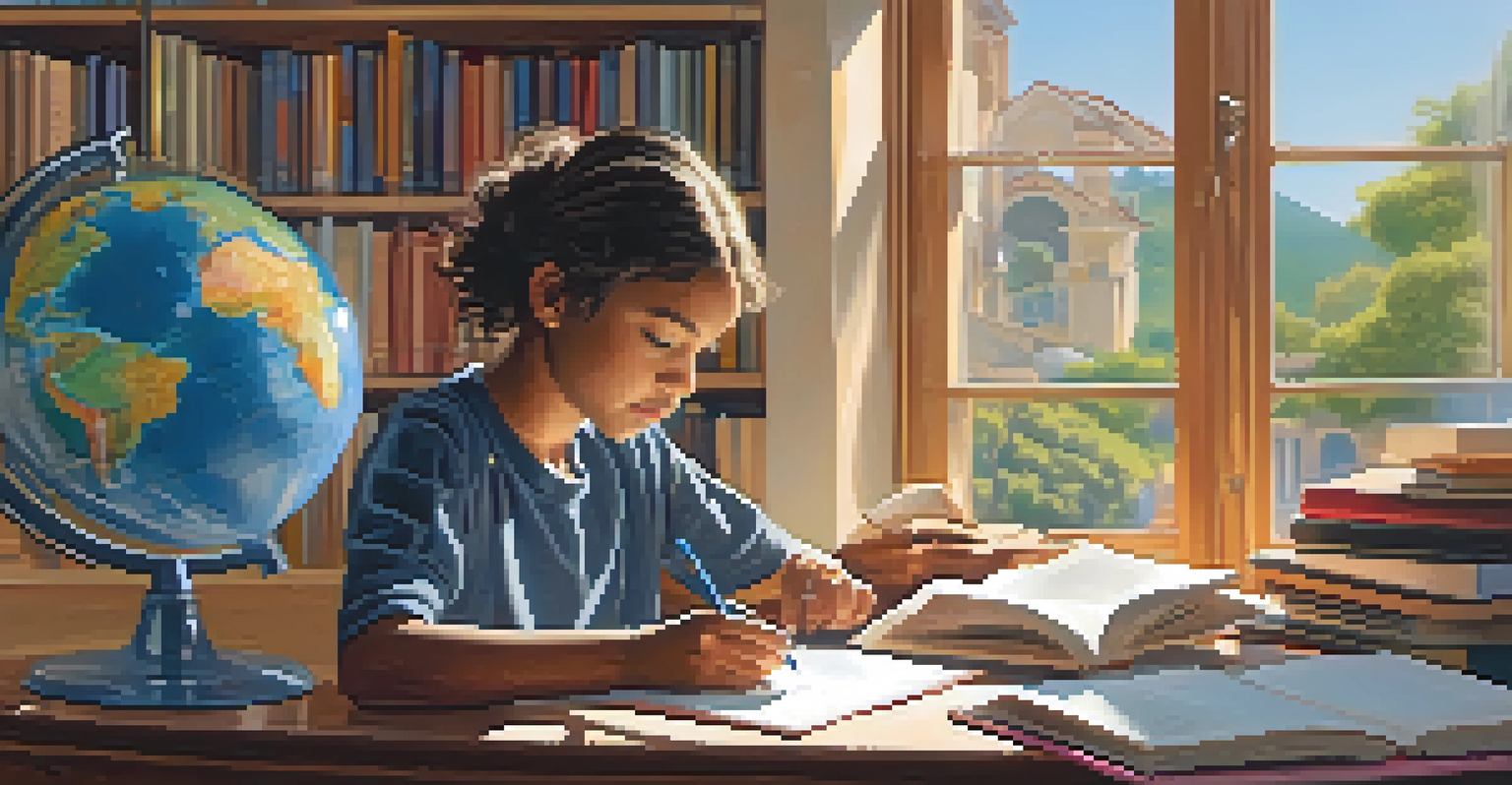 A young student studying at home with books and a tablet, highlighting digital literacy in a warm, inviting room.