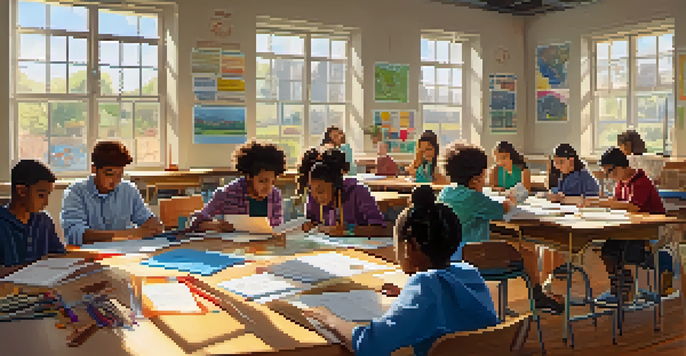 A lively classroom with diverse students collaborating on a project, surrounded by visual aids and bright sunlight.