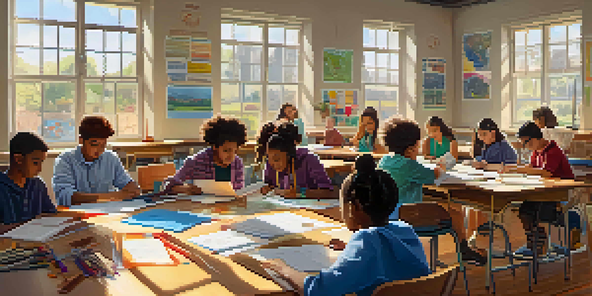 A lively classroom with diverse students collaborating on a project, surrounded by visual aids and bright sunlight.