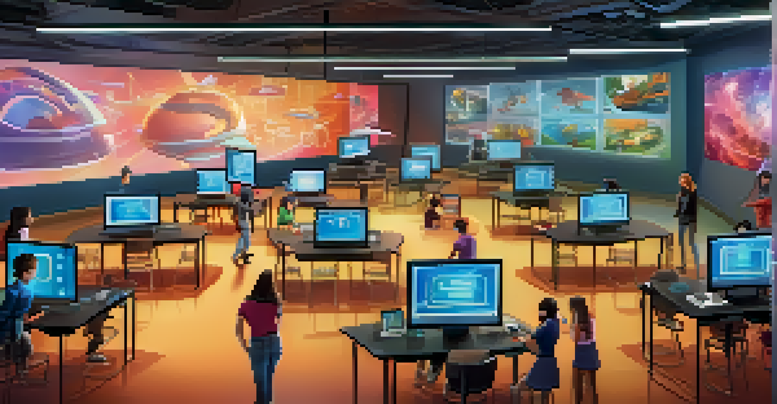 Students participating in gamified digital assessments in a creative and interactive classroom.