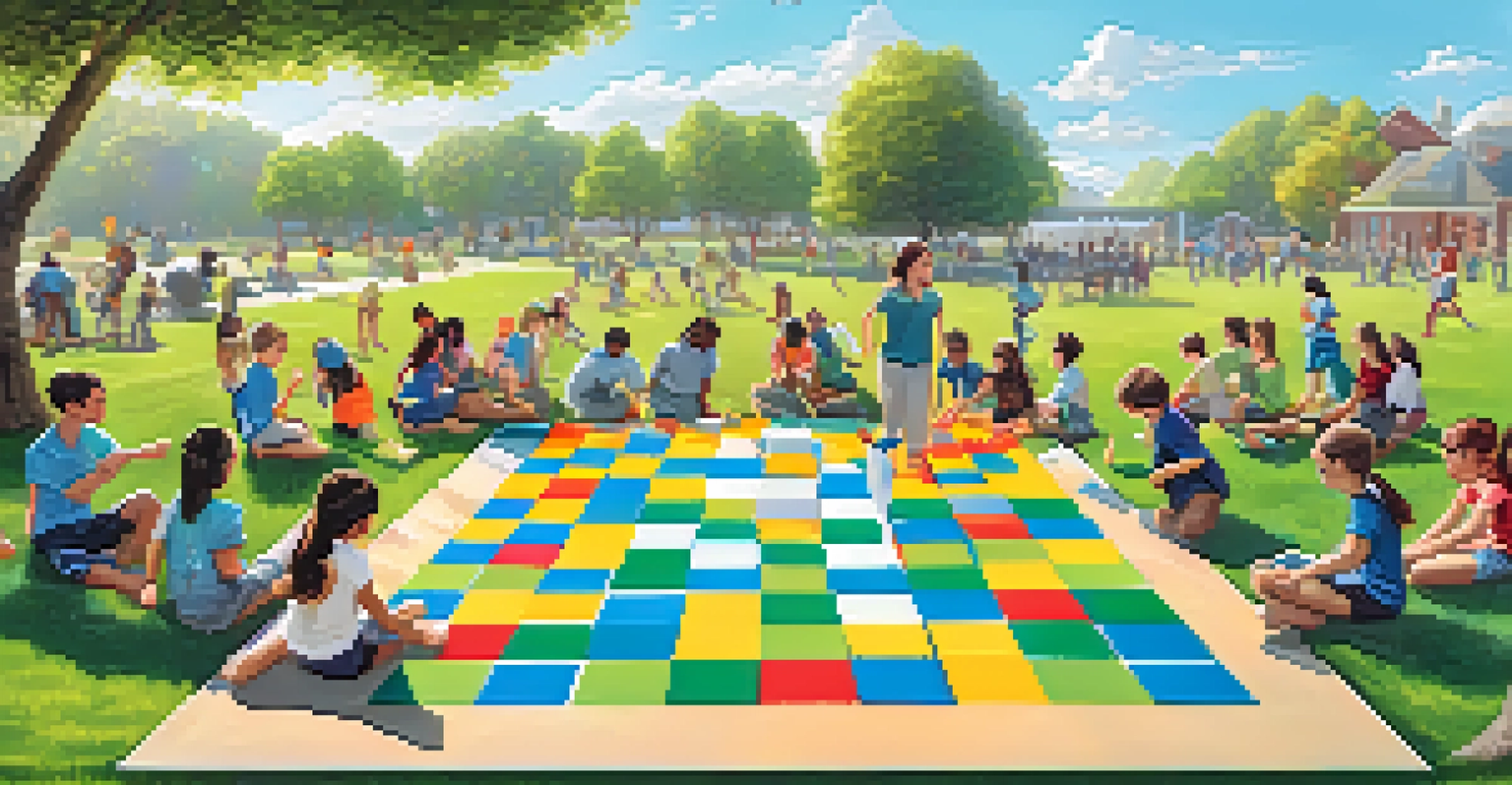 Students outdoors participating in a gamified learning activity, working as teams around a large game board.