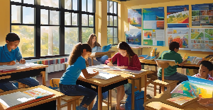 A colorful classroom filled with diverse students participating in various learning activities under bright sunlight.
