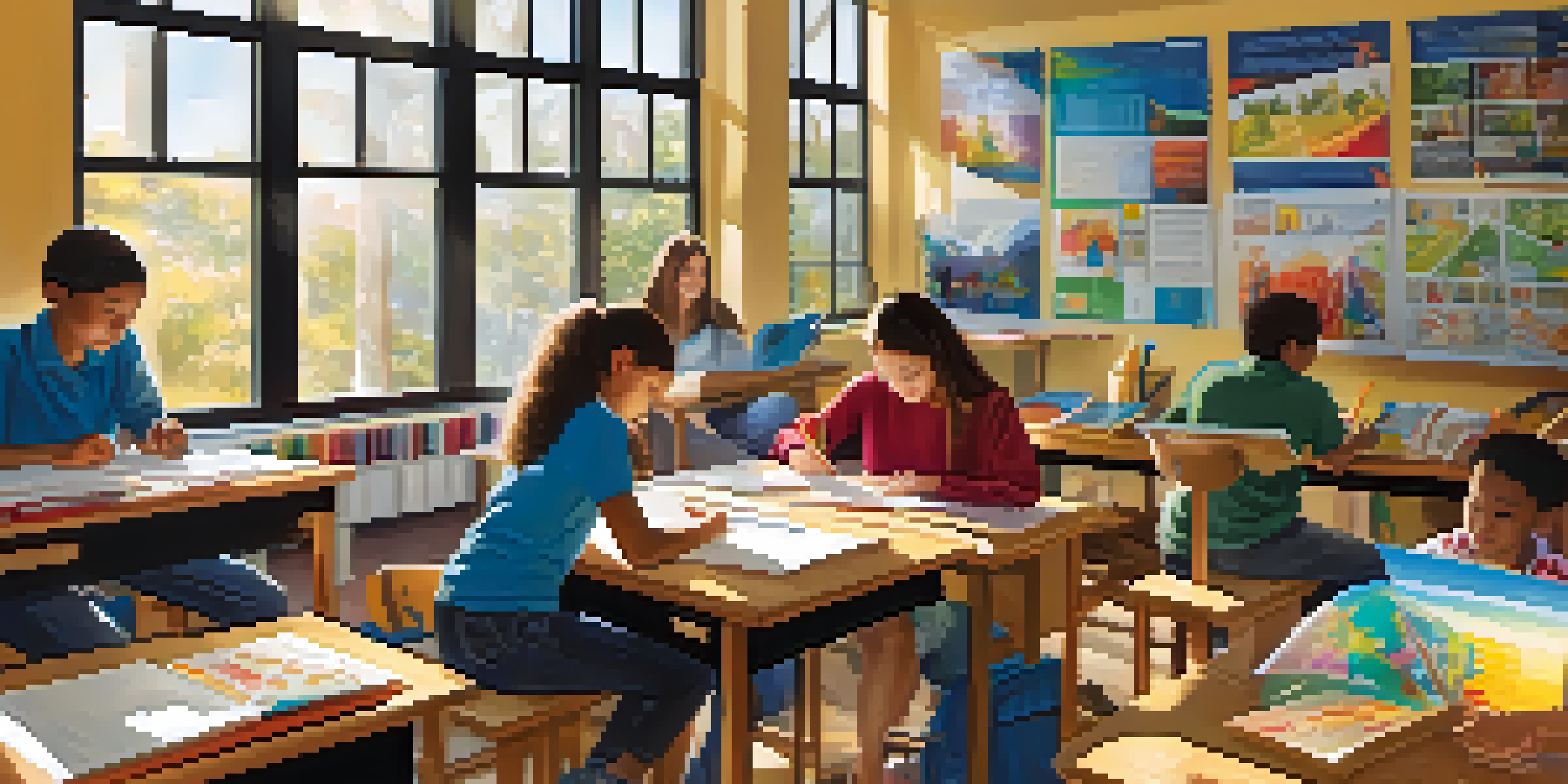 A colorful classroom filled with diverse students participating in various learning activities under bright sunlight.