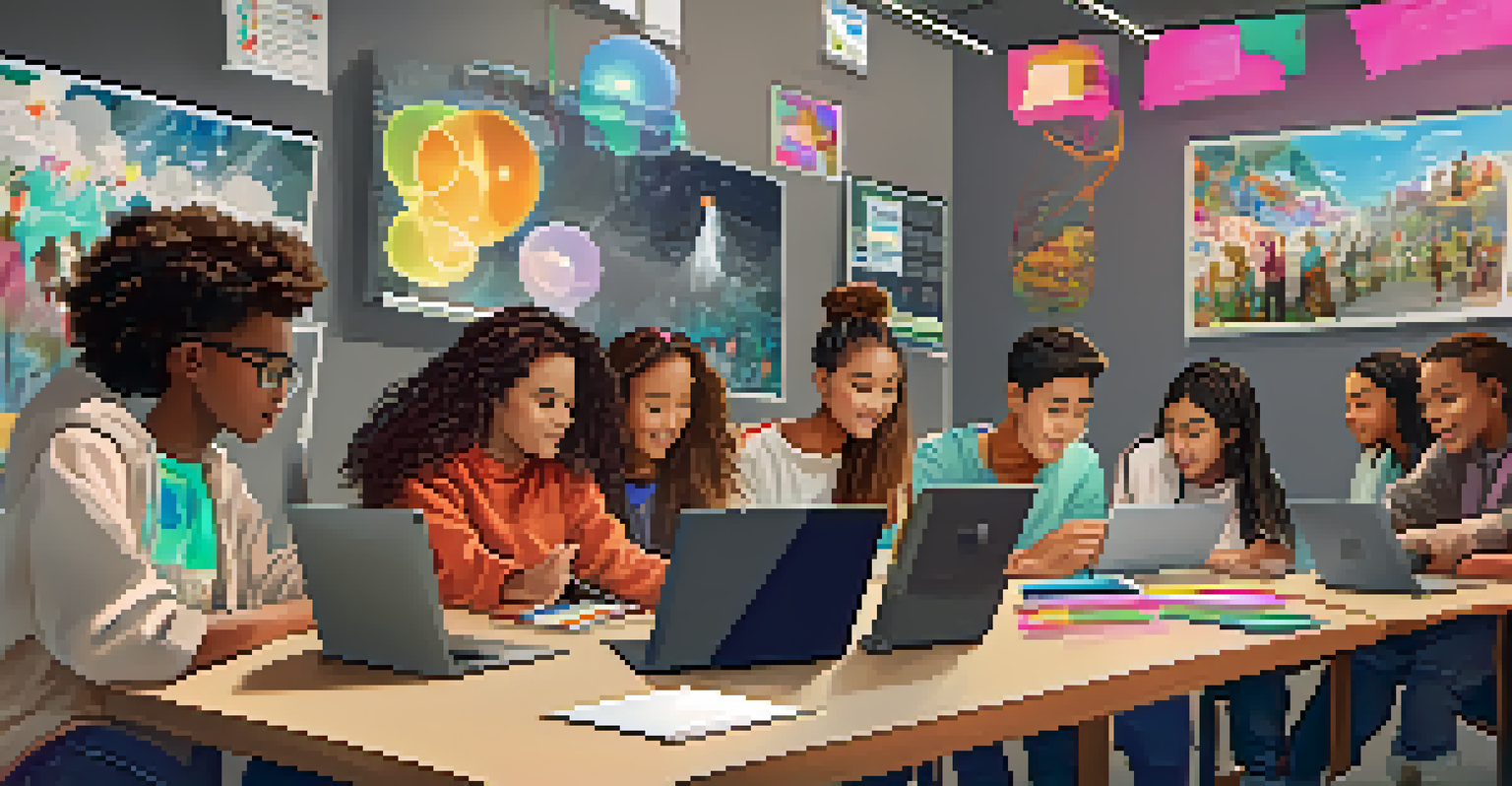 Students working together on digital storytelling projects using laptops and tablets.