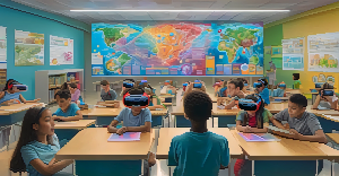 A classroom filled with students wearing virtual reality headsets, exploring a digital representation of the human circulatory system.