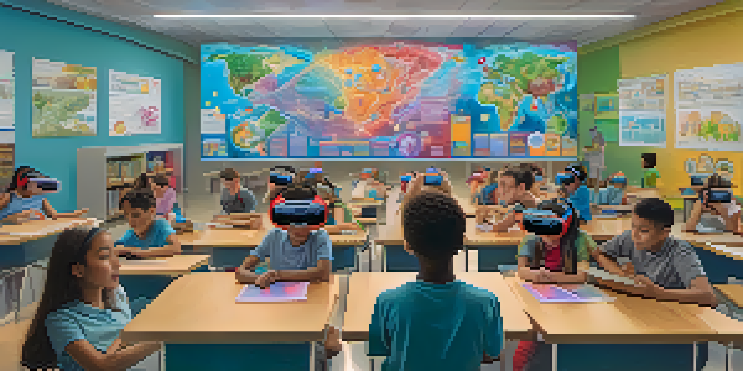 A classroom filled with students wearing virtual reality headsets, exploring a digital representation of the human circulatory system.